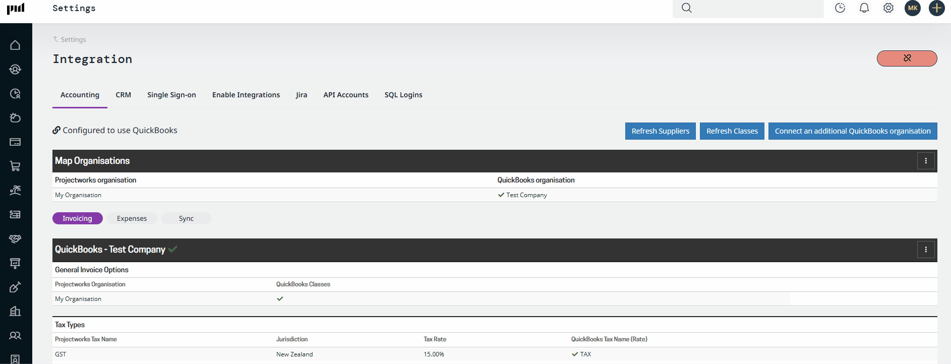 The Integration settings showing the edit invoice mappings and changing Edit Access