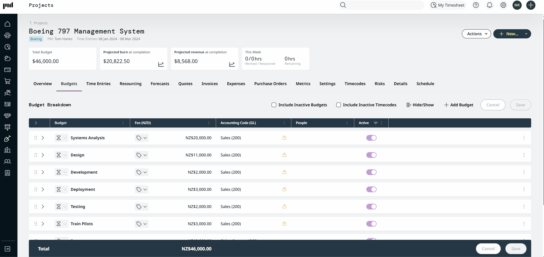 A project showing the budgets and how to edit the class for any of the budgets for the project