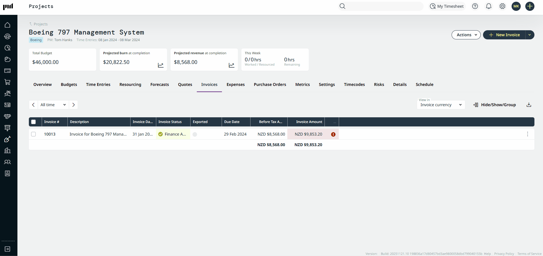 The invoice creation process showing how to change the class on an invoice line