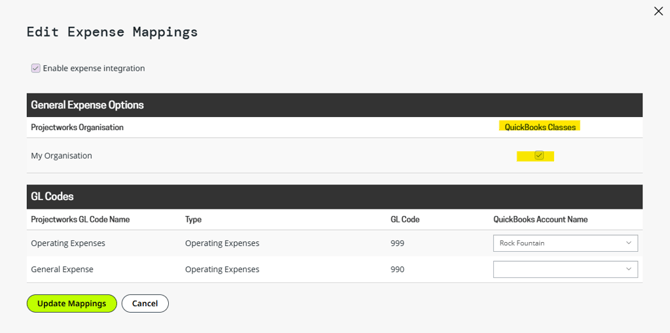 The Edit Expense Mappings screen showing how you activate classes under General Expense Options