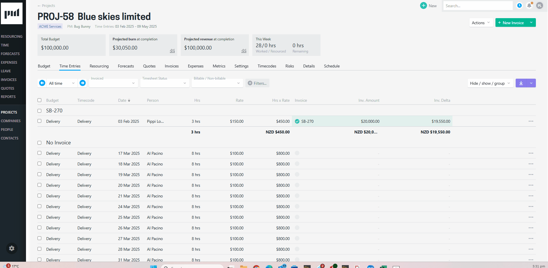 Invoice delta changing based on time entries inc in invoice line