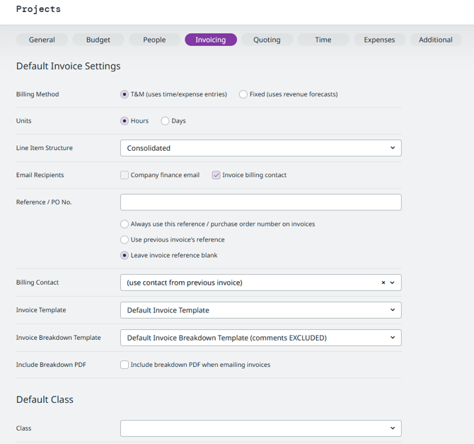 A screenshot of project settings on the invoicing tab showig where the class option is visible