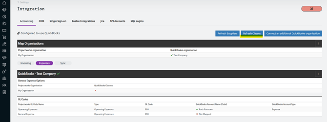 The integration settings on the accounting tab highlighting where to refresh classes