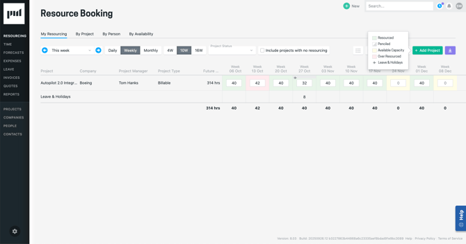 Resourcing / Resource Booking showing the various colour combinations across across a weekly filtered view