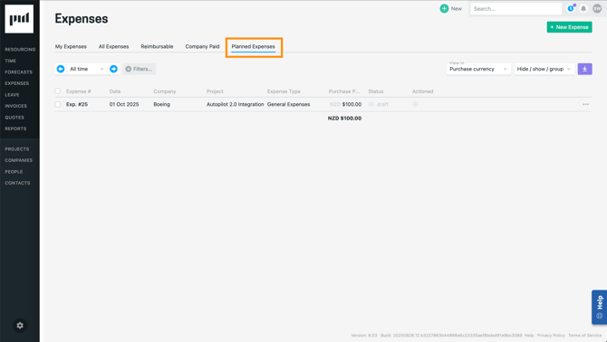 The Expense Dashboard showing the Planned Expenses tab