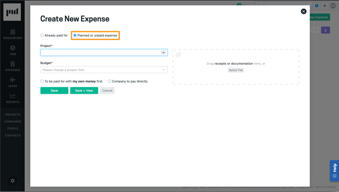 A Create New Expense Modal with Planned or unpaid expense radio button selected