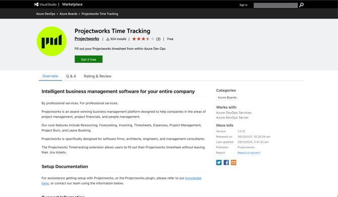a screenshot of the projectworks time tracking app on the visual studio marketplace