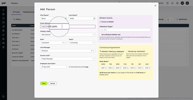 A screenshot showing aa trailing gap in the email address form on the Add Person modal