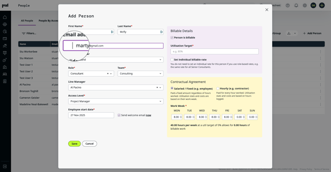 A screenshot showing a leading gap in the email address form on the Add Person modal