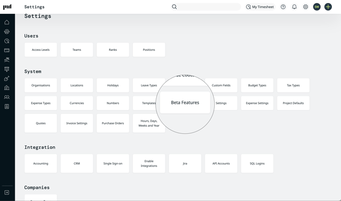 The settings screen in Projectwokrs with Beta Features tile highlighted