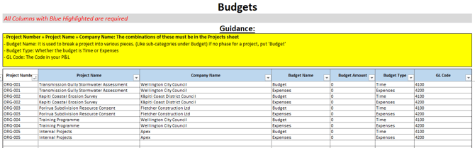 budgets tab