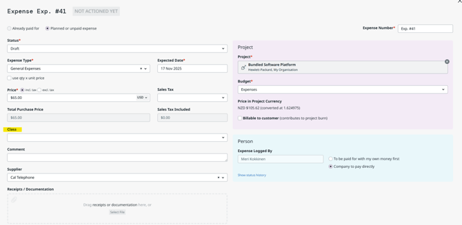 A screenshot showing the class field on an expense