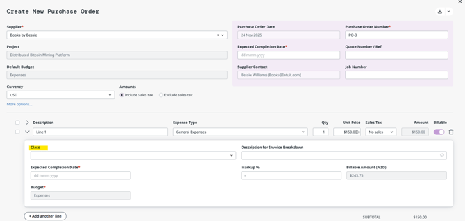screenshot showing the class field on a purchase order