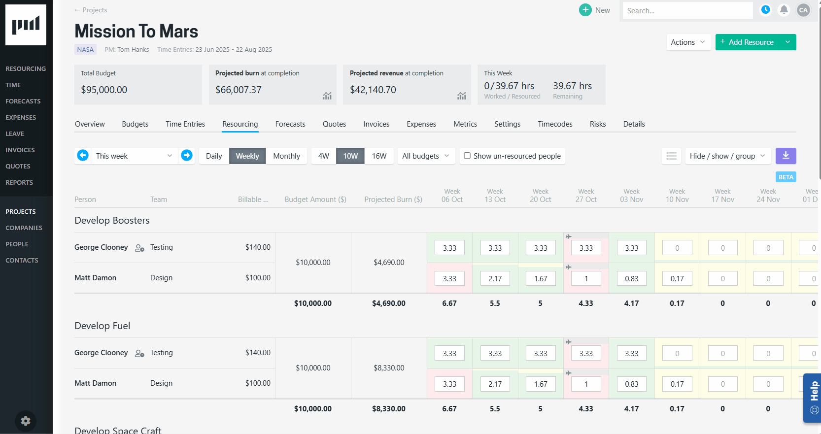 GIF that shows clicking add resource, clicking show weeks and resourcing a person to multiple budgets