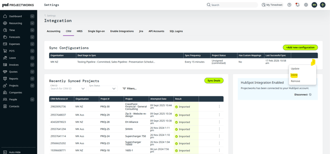 Projectworks App with three elipsis and clone sync configuration highlighted in yellow