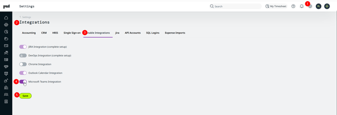 The Settings Screen (Settings > Integrations > Enable Integrations) showing Microsoft teams enabled