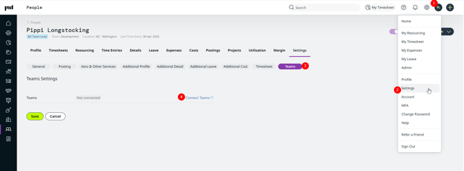 The People screen in Settings showing the Teams with Connect teams highlighted