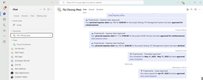 The Teams chat window with examples of notifications that have been sent from Projectworks