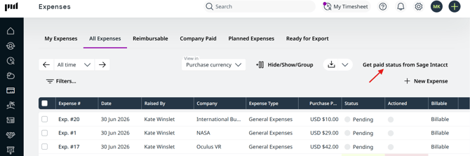 ‘Get paid status from Sage Intacct’ location in tge projectworks UI