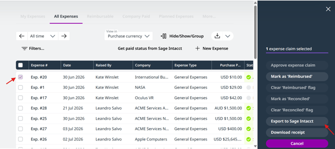 "Export to Sahe Intacct" in the right hand slide out menu