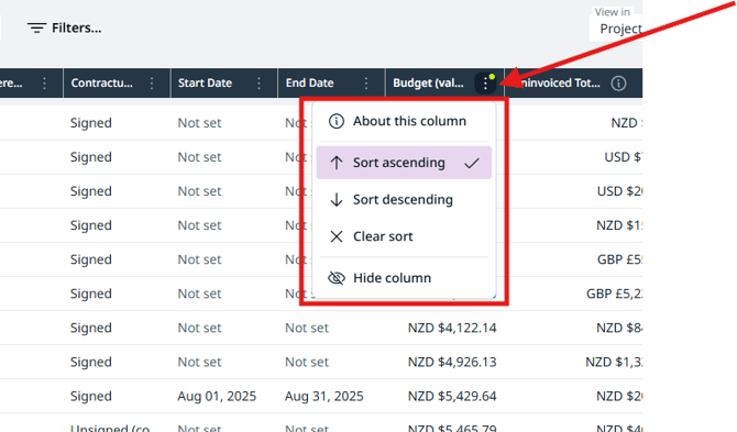 the projectworks UI with a table column header showing the interaction of a pop out list