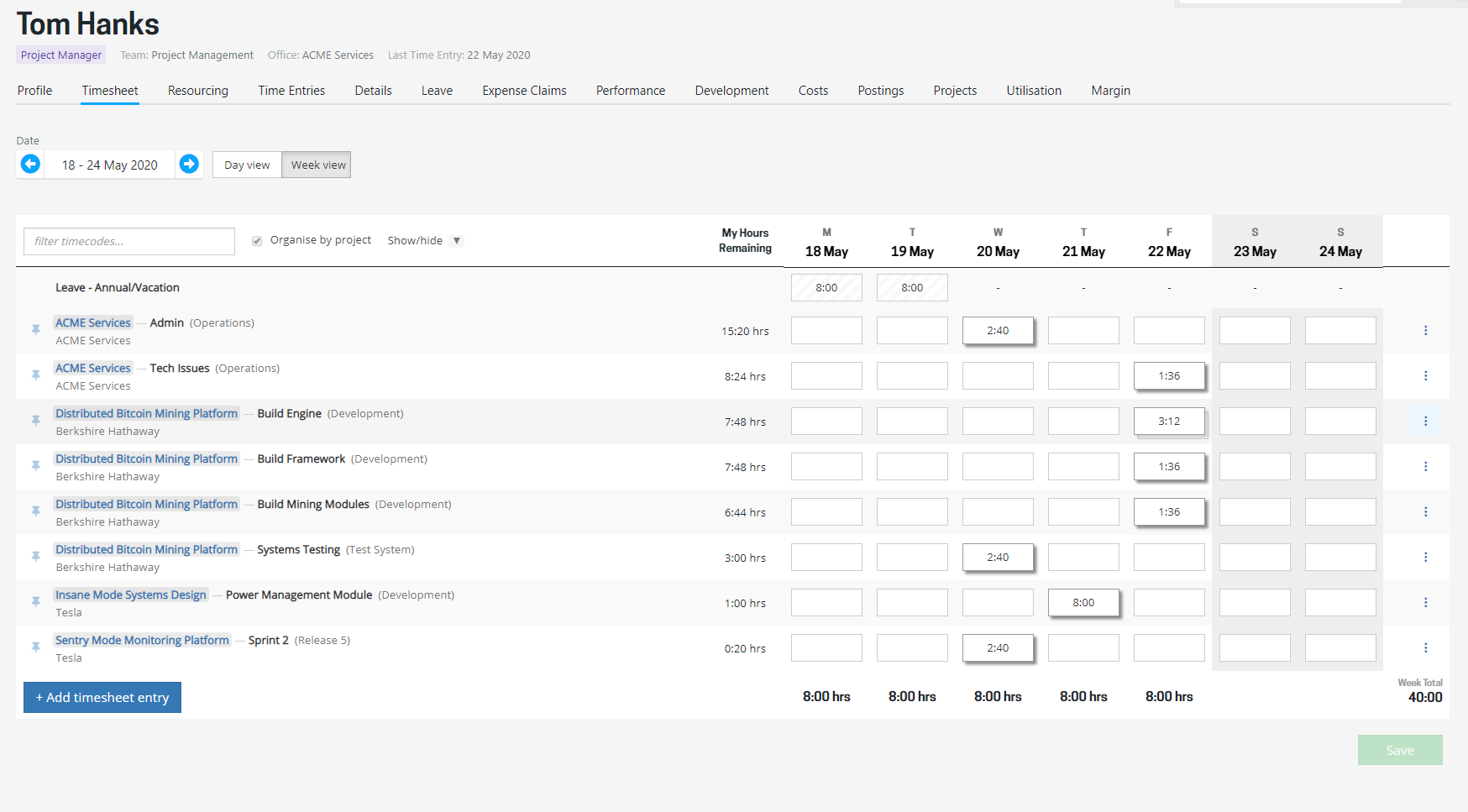 Timesheet showing leave